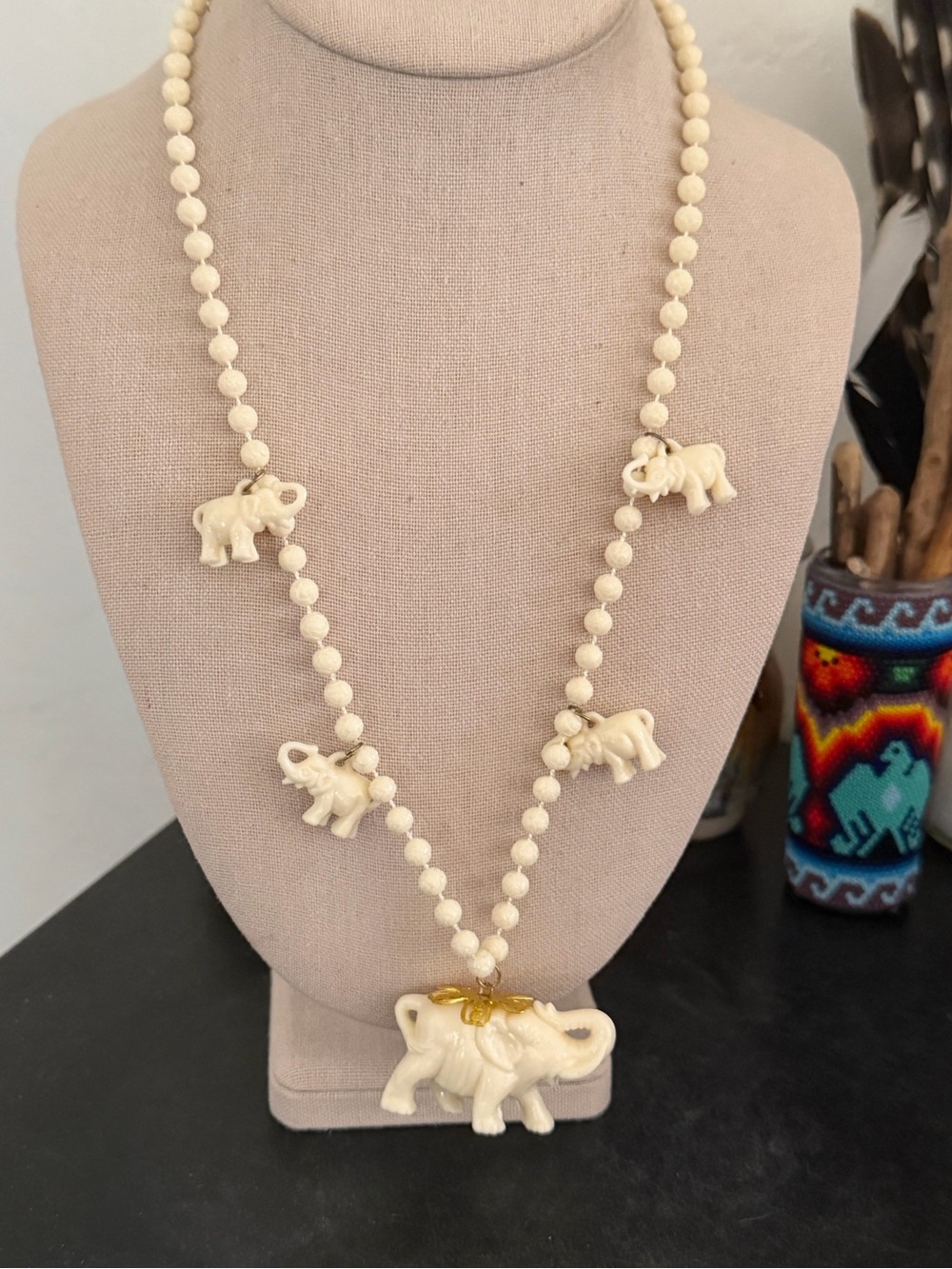 Vintage Ivory Plastic Elephant Charm Necklace